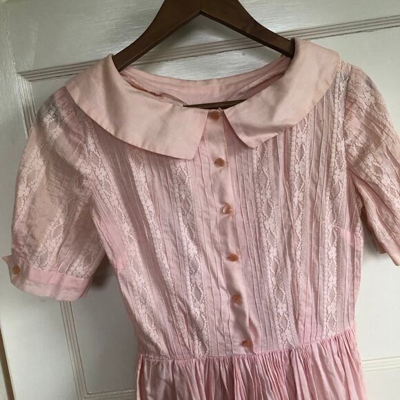 Vintage 1950s Pink Lace Peter Pan Collar Dress Handmade XS/S Praire Cottagecore - Picture 2 of 13